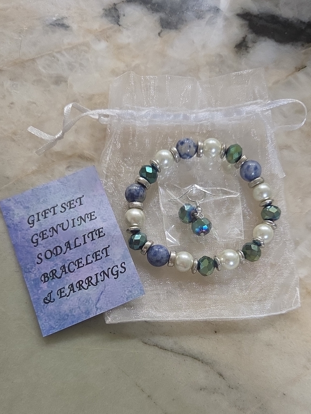 Sodalite & Pearl Bracelet and Earring Gift Set - Blue/Green